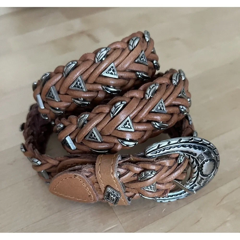 OMEGA Vtg Brown Braided Leather Western Concho Belt Silver Tone Buckle 32 Small - Picture 1 of 9